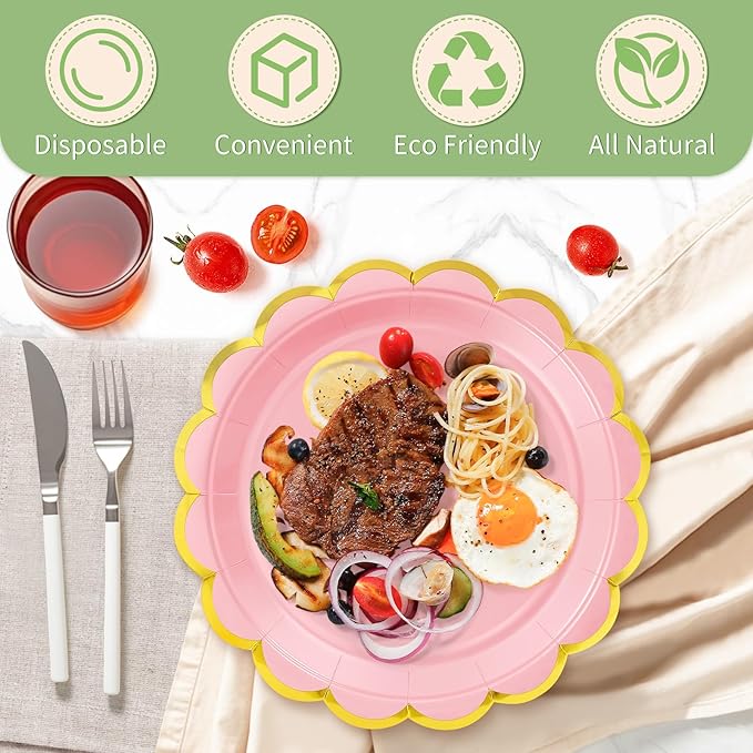 50 Pcs Light Pink Paper Plates, 25 Pcs 9" and 25 Pcs 7" Disposable Pink Scalloped Plates with Gold Foil for Graduation Wedding Baby Shower Birthday Party Picnic BBQ Valentines Day