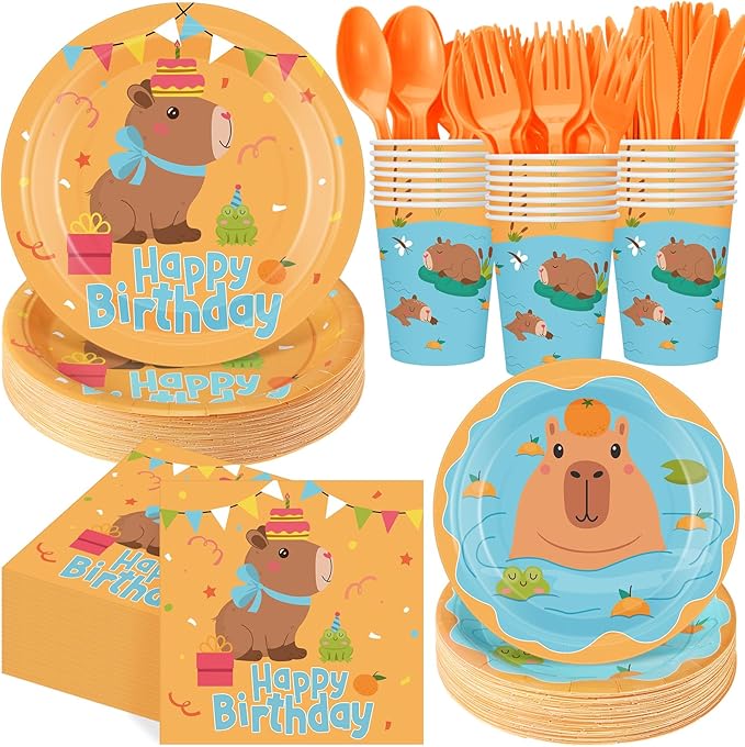 Pickmesh 400 Pcs Capybara Birthday Party Plates and Napkins Set, Capybara Paper Plates and Cups with Plastic Cutlery, Pumpkin Cute Animals Theme Disposable Tableware for Birthday Party Supplies
