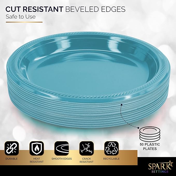 Amcrate Disposable Plastic Dinner Plates, Blue, 10.4 Inches, Strong and Sturdy for Party, Dinner, Holiday, Picnic, Travel - Pack of 50