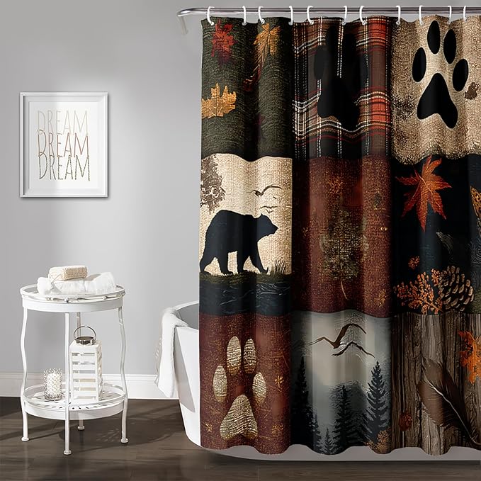 AILONEN Retro Rustic Bear Shower Curtain Set for Bathroom Decor,Vintage Animal Bath Curtains,Forest Wildlife Theme Waterproof Shower Curtain with Hooks,72" Wx84 H