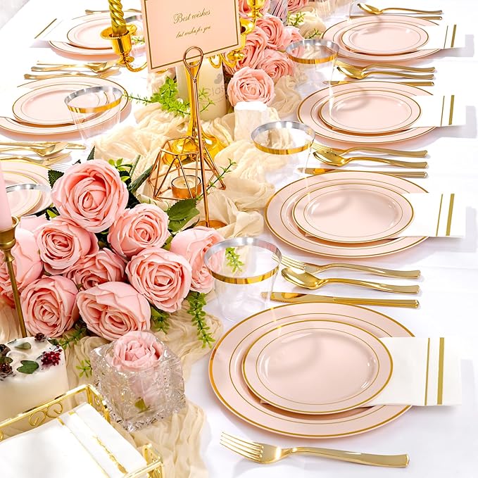 GATHER 700PCS Pink Plastic Plates - Gold Rim Disposable Plastic Dinnerware Set Include 200 Pink Plates, 300 Silverware, 100 Napkins, 100 Cups for Party & Wedding & Baby Shower