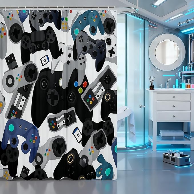 Castle Fairy Gamer Shower Curtain,Watercolor Gamepad Bath Curtain Kids Teen Boys Gaming Bath Curtain,Video Games Room Shower Curtain,with 12 Holes,Red Blue White Black 72" W x 78" L