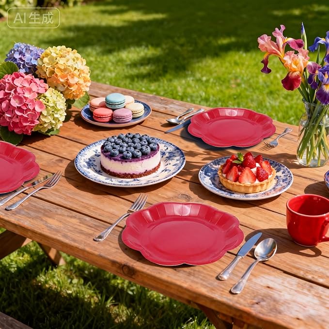 Red Plates Party Supplies,9 inch Red Paper Plates Disposable Scalloped for Birthday Cake Plate Baby Shower Dinner Wedding Dessert Valentines Day Party