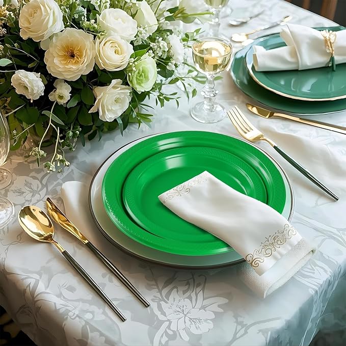 Green Plastic Plates,Green Disposable Plates,Including Green Plates and Napkins, Plastic Cutlery and 12OZ Cups for Engagement Wedding Birthday Graduation,Serve 25 Guests