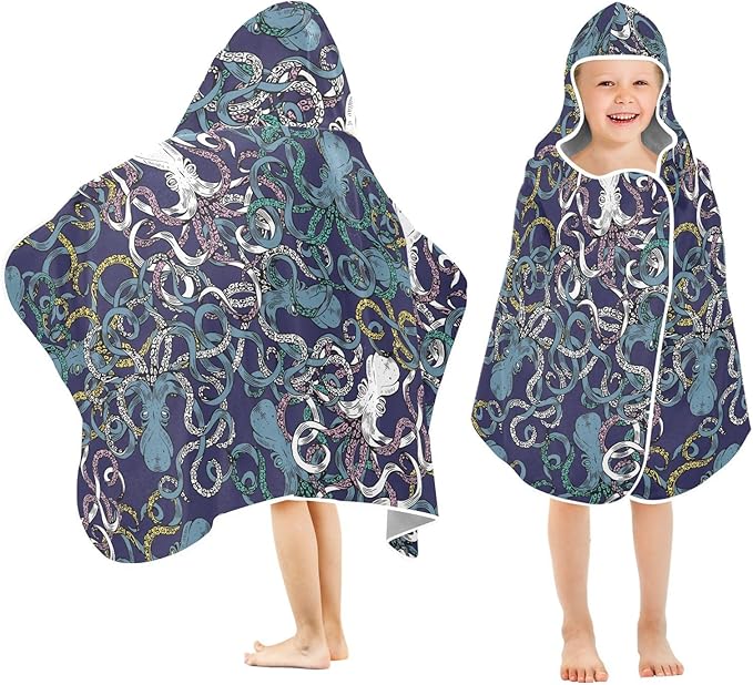 susiyo Kids Hooded Bath Towel Octopus Color Beach Towel for Kids 23.5 x 50 Inch Microfiber Soft Absorbent Quick Dry Bath Swim Pool Towel Wrap Poncho Bathrobe with Hood for Kids Toddler