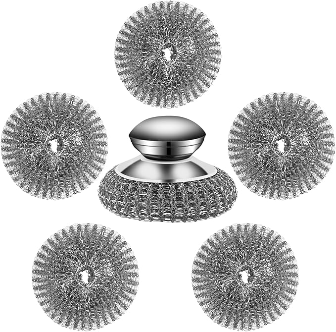 KTOJOY Stainless Steel Wool Scrubber Set, 6 Pieces with Handle, for Cleaning Dishes, Pots, Pans, Cast Iron