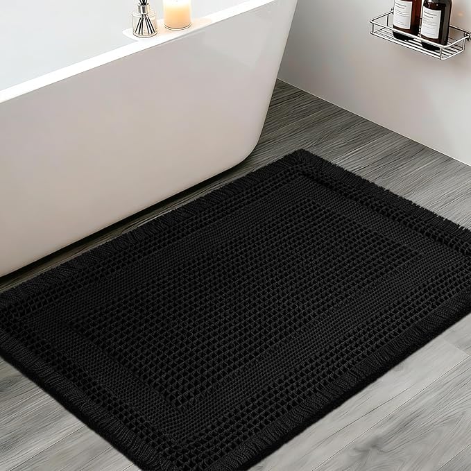 Upgraded Waffle Bath Mat, 36"x24" Black-Looped, Super Absorbent Non-Slip Quick Dry Bathroom Rugs with Tassels, Machine Washable Ultra Soft Boho Bath Rugs for Floor, Toilet Mats Boho Farmhouse Decor