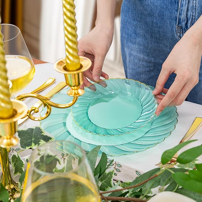 YOUBET 125PCS Clear Green Plastic Plates with Gold Rim - Green and Gold Plastic Plates Include 25 Dinner Plate 25 Dessert Plate 75 Disposable Silverwares for Wedding & Party