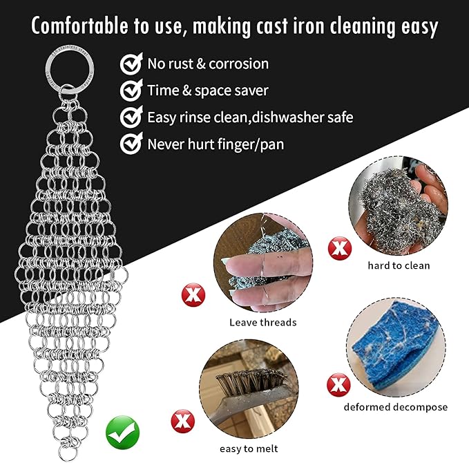2Pack 4" Chain Mail Cast Iron Cleaner Scrubber, 316 Chainmail Scrubber Cast Iron Skillet Cleaning Brush, Chainmail Scrubbing Metal Scrub Tool to Clean Dutch Oven Carbon Steel Wok Grill Pan Pot