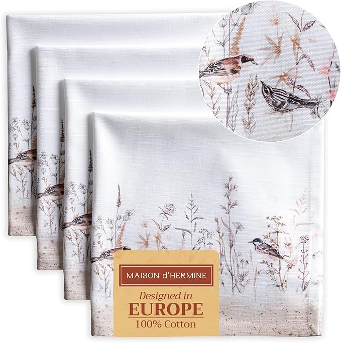 Maison d' Hermine 100% Cotton Cloth Napkins Set of 4 Everyday Reusable Square Napkins Cloth Washable Dinner Party Wedding Restaurant Hotel Kitchen Spring Summer (Meadow Florals - Brown, 20" x 20")