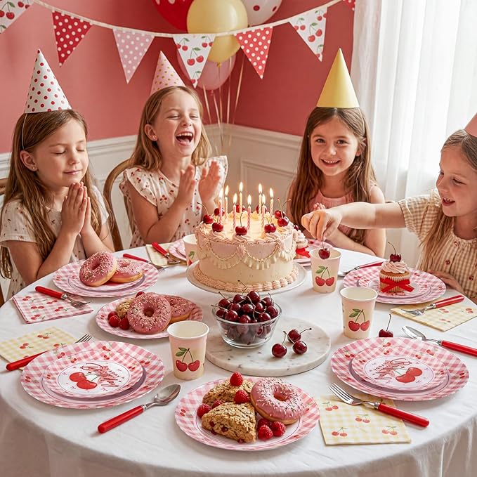 Liacere 32PCS Cherry Birthday Party Plastic Plates for 16 Guests - Includes 10 Inch Dinner and 7 Inch Dessert Disposable Plates - Red Gingham & Cherry Pattern - Ideal for Birthday Party