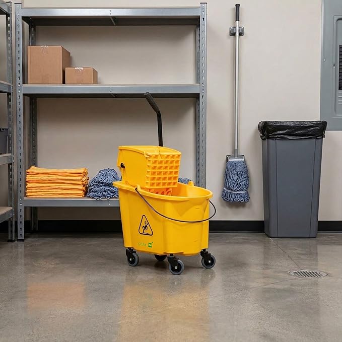 Restaurantware RW Clean 38 Quart Industrial Mop Bucket 1 Combo Mop Wringer Bucket - With Side Press Wringer Built-In Casters Yellow Plastic Commercial Mop Bucket Carry Handle For Commercial Use