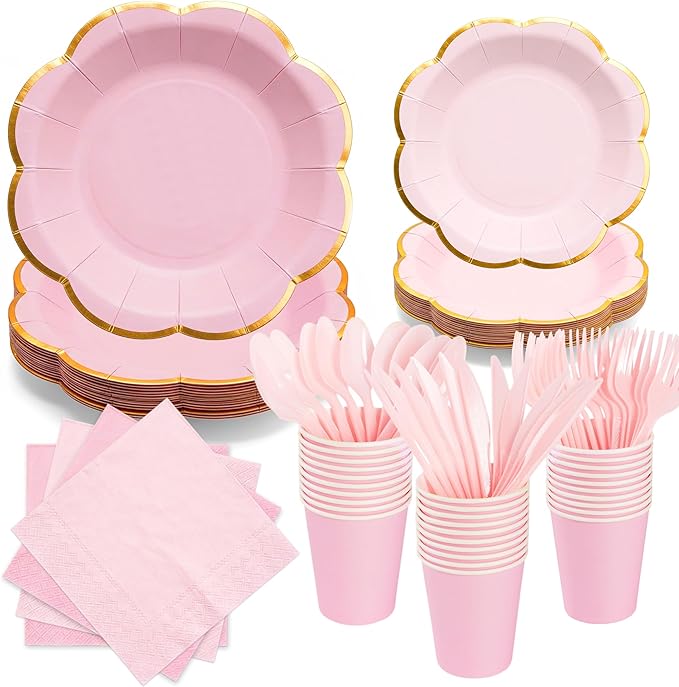 Pink Paper Plates and Napkins Party Supplies for 24 Guest, 168Pcs Pink Scalloped Mother's Day Party Plate with Gold Rim, Pink Disposable Plates Set for Girls Birthday Party Baby Shower Gender Reveal