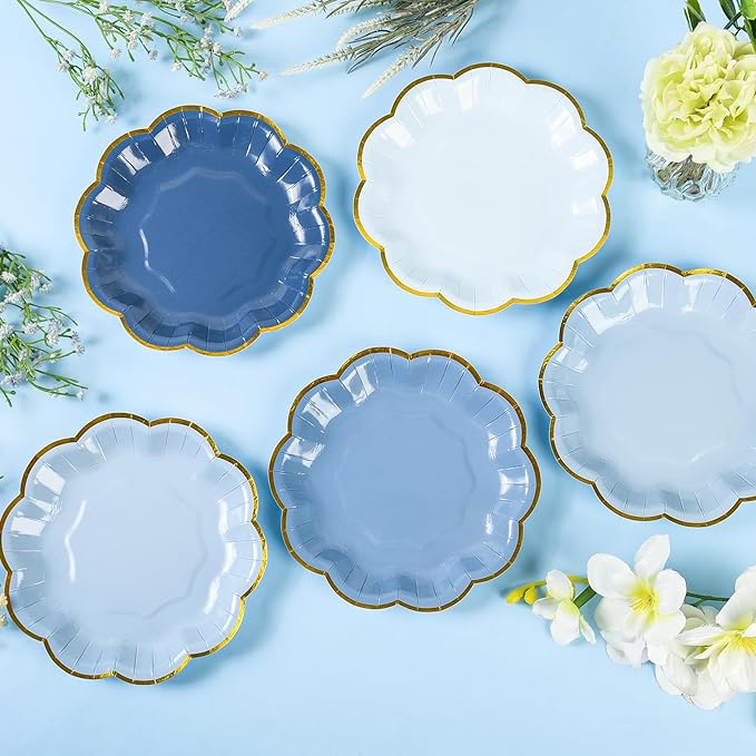 AimFun 24 Pcs Dusty Blue Party Plates Gradient Blue Dessert Paper Plate 7 Inch Gold Foil Scalloped Edge Disposable Cake Plates for Father’s Day Birthday Bridal Baby Shower Wedding Party Supplies