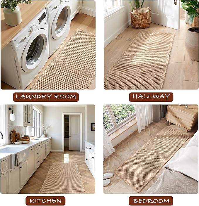 DWCN Set of 2 Waffle Boho Bathroom Mats, Non Slip Bath Rug Set for Bathroom Floor, Super Absorbent Shower Mats for Tub, Washable Kitchen Rugs for Farmhouse Home Decor, 16" x 24" Plus 24" x 60", Brown