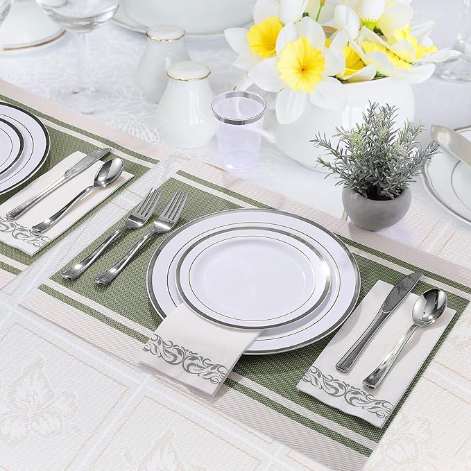 FOCUSLINE 175 Count Silver Dinnerware Set for 25 Guests - Silver Rimmed Disposable Plastic Plates Heavy Duty, Includes 25 Dinner & Salad Plates, Cups, Cutlery Set for Wedding Parties