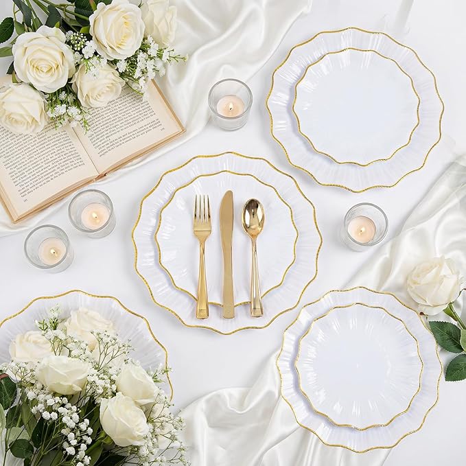 U-QE 150PCS White and Gold Plastic Plates with Gold Disposable Silverware for 30 Guests, Vintage White Plastic Plates Include 30 Dinner Plate,30 Dessert Plate,90 Cutlery for Bridal Shower, Party