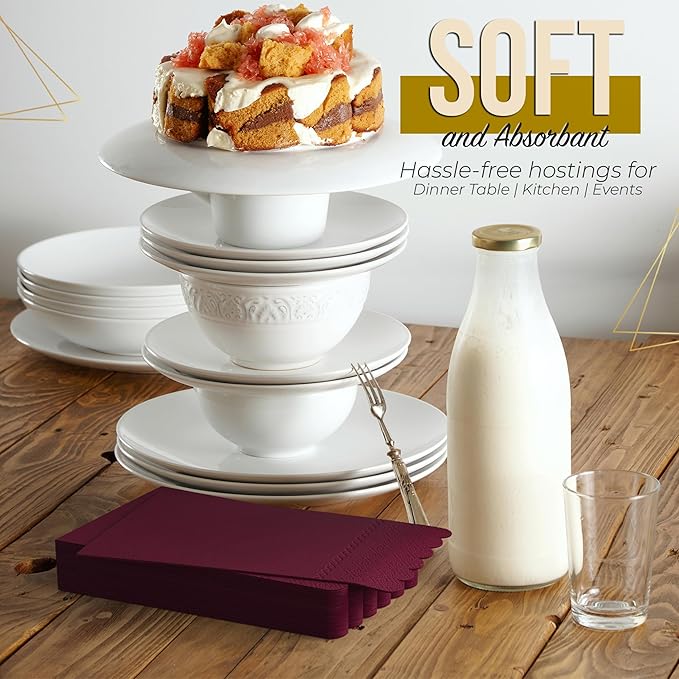 Party Solids Burgundy Scalloped Napkins Disposable 100 Pcs 3-Ply Burgundy Scalloped Dinner Napkins Disposable Decorative for Dinners & Parties, Paper Guest Towels for Bathroom & Party Supplies