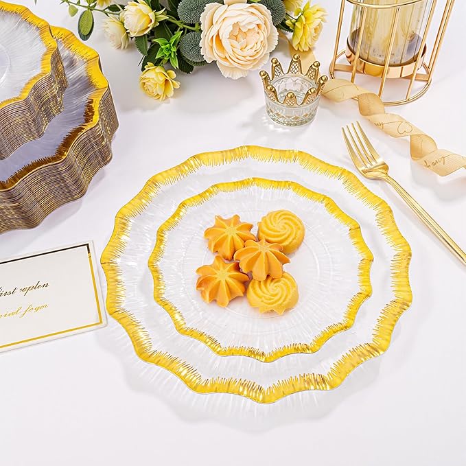 DaYammi 60Pcs Clear Plastic Plates with Gold Rimmed - Gold Disposable Plates Set Including 30pcs Dinner Plates,30pcs Dessert Plates with Radial Texture for Party & Wedding
