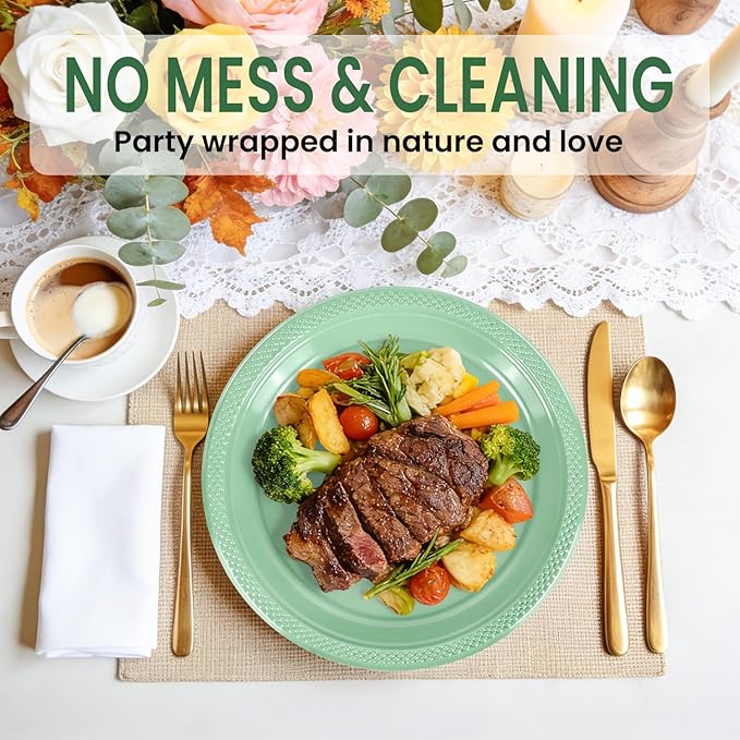 LANLISA 50 Pcs Sage Green Plastic Plates For Party, 25-9" & 25-7" Disposable Cake Dessert Plates For Birthday, Baby Shower Decorations, Easter Dinner