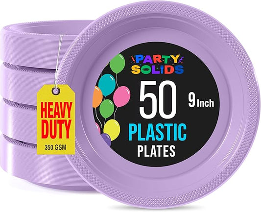 Exquisite Party Solids Lavender Plastic Plates For Party Supplies 9" Lavender Disposable Plates Heavy Duty 50 Pcs Plastic Dinnerware Sets Heavy Duty 350 GSM Disposable Dinnerware Set