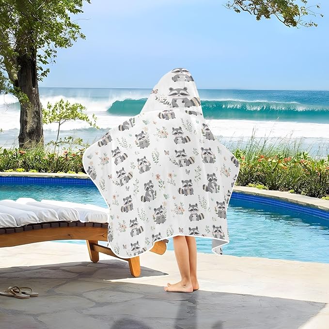 Kid Beach Towel Cute Raccoon White Hooded Towels for Kids Quick Dry Toddler Bath Towel