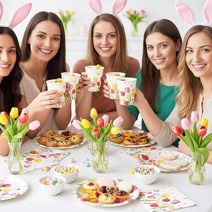 Havawish 350 Pcs Floral Party Supplies Tulip Disposable Tableware Set Tulip Oval Paper Plates Cups Napkins Fork Knife Spoon Dinnerwares for 50 Guests Baby Shower Wedding Birthday Party Decorations