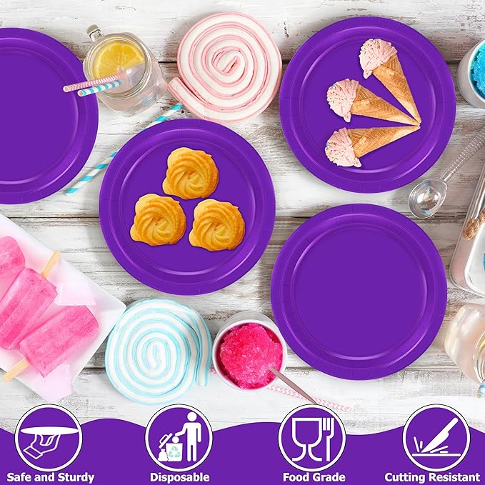 QZYL Paper Plates 7 Inches 50 Count, Disposable Plates Heavy Duty, Purple Party Dessert Plates, Disposable Paper Dinnerware, Small Paper Plates for Birthday Halloween Graduation Bridal Party Supplies