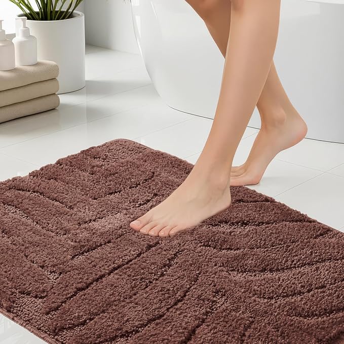 Bath Rugs Set 3 Pieces Bathroom Mat Soft Absorbent Plush Shaggy Soft Floor Non Slip Shower Bath Tub Machine Washable (Cocoa-Leaf, 20"x32"/20"x20"/17"x24")