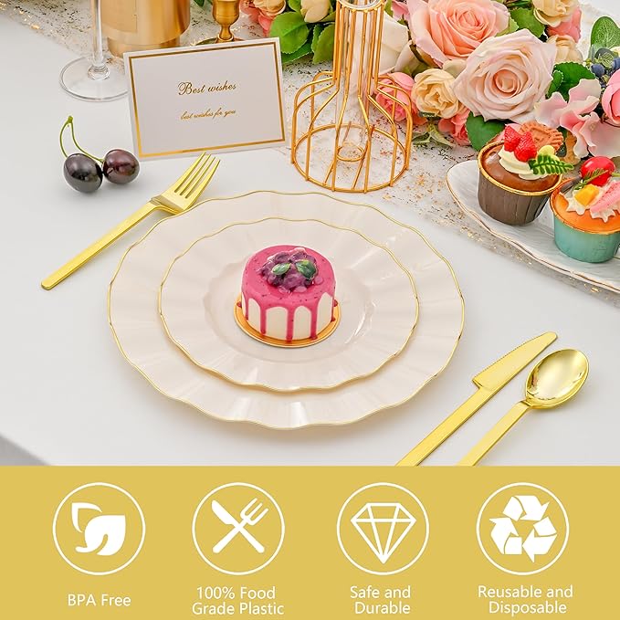 102Pcs Ivory White Plastic Plates with Gold Trim, Heavy Duty Wedding Plates, Elegant Disposable Plate Sets include 51 Dinner & 51 Dessert Plates for Party & Wedding(51 Guests)