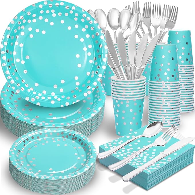 350PCS Teal Birthday Decorations and Silver Party Decorations for Wedding Princess,Teal Plates with Silverr Dot and Silverr Plastic Cutlery Serve 50 Guests