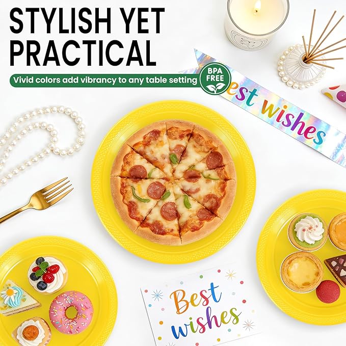 LANLISA 50 Pcs Yellow Plastic Plates For Party, 25-9" & 25-7" Disposable Cake Dessert Plates For Birthday, Picnic, Easter Dinner