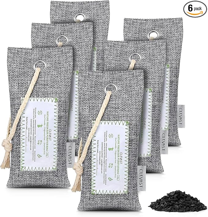 CLEVAST Activated Bamboo Charcoal Odor Absorber - 6 x 60g Air Purifying Bags Natural Fresh, Deodorizer and Moisture Eliminator for Home, Closet, Shoes, Car Air freshener, Grey