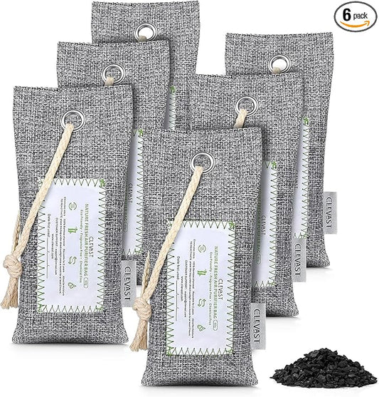 CLEVAST Activated Bamboo Charcoal Odor Absorber - 6 x 60g Air Purifying Bags Natural Fresh, Deodorizer and Moisture Eliminator for Home, Closet, Shoes, Car Air freshener, Grey