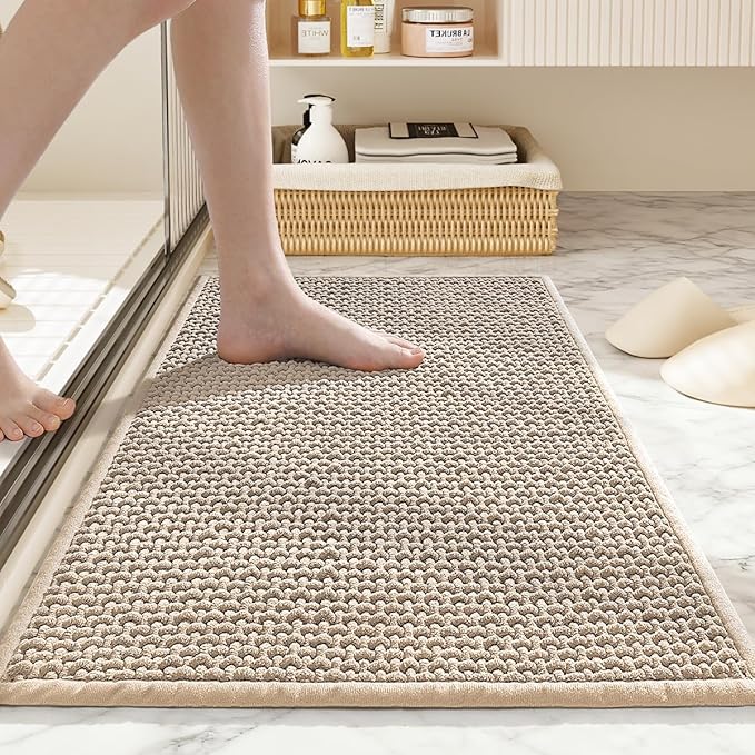 Bathroom Rugs Non Slip Washable, Super Absorbent Thin Bath Mat for Small Quick Dry Low Pile Bathroom Rug, (Khaki, 24″x16″)