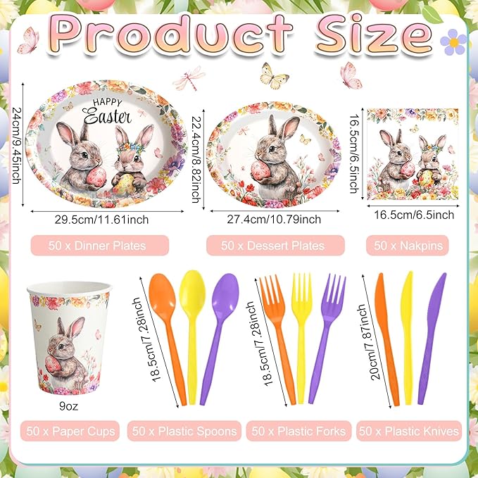 Havawish 350 Pcs Easter Bunny Party Supplies Happy Easter Disposable Tableware Set Flowers Butterflies Rabbit Eggs Oval Paper Plates Cups Napkins Fork Knife Spoon for Spring Party Table Decorations