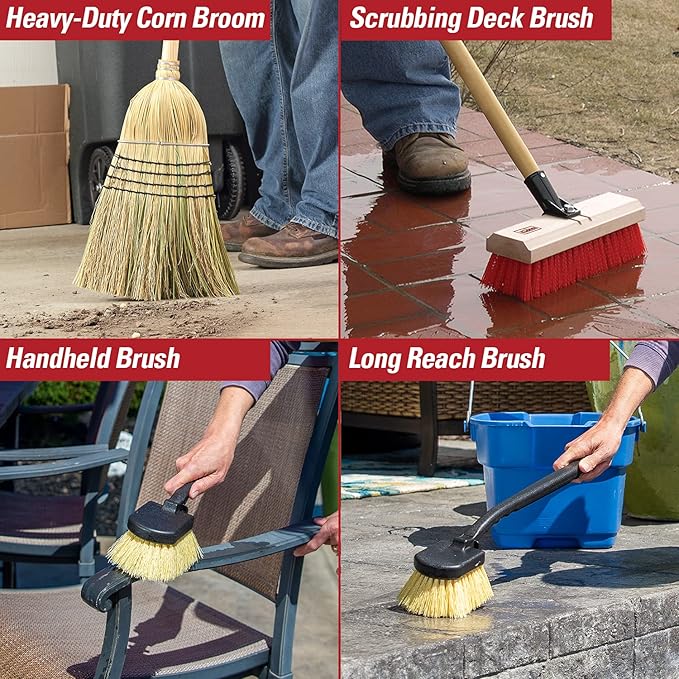 Harper 37518100 Deck/Patio Cleaning Set with 60 in. Handle Deck Brush, Heavy Duty Corn Broom, Scrubbing Brush and Long Reach Scrubbing Brush