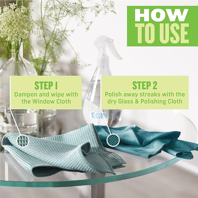 E-Cloth Microfiber Cleaning Cloth Glass Cleaner Kit & Microfiber Cleaning Cloth Shower Kit - Microfiber Cloths for Cleaning Bathrooms - Washable, Reuseable Cleaning Cloths