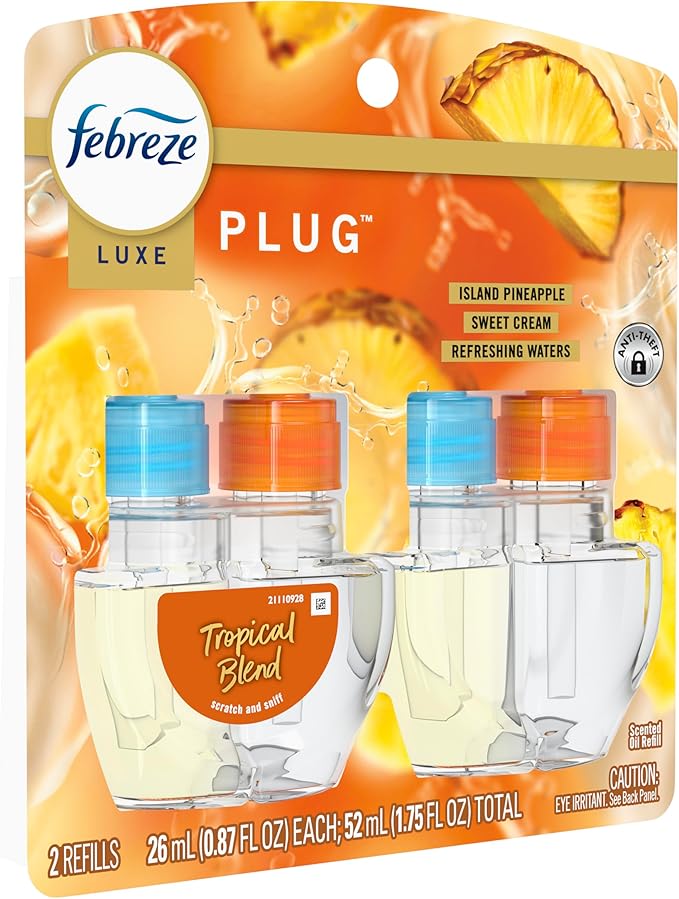 Febreze Plug In Air Freshener, Odor-Fighting Scented Oil Refill, Tropical Blend Scent, 2 Refill