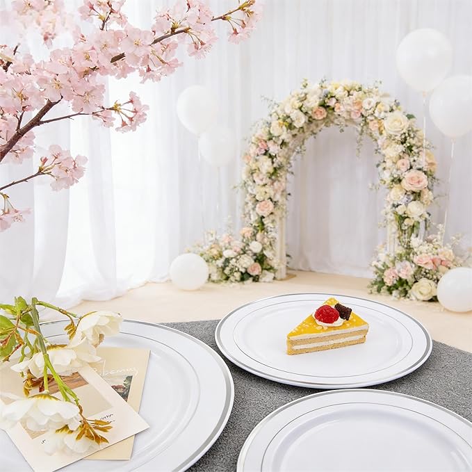 FLOWERCAT 60PCS Silver Plastic Plates - Heavy Duty White and Silver Plastic Plates Disposable - Include 30PCS 10.25inch Dinner Plates and 30PCS 7.5inch Dessert Plates for Wedding&Birthday Party
