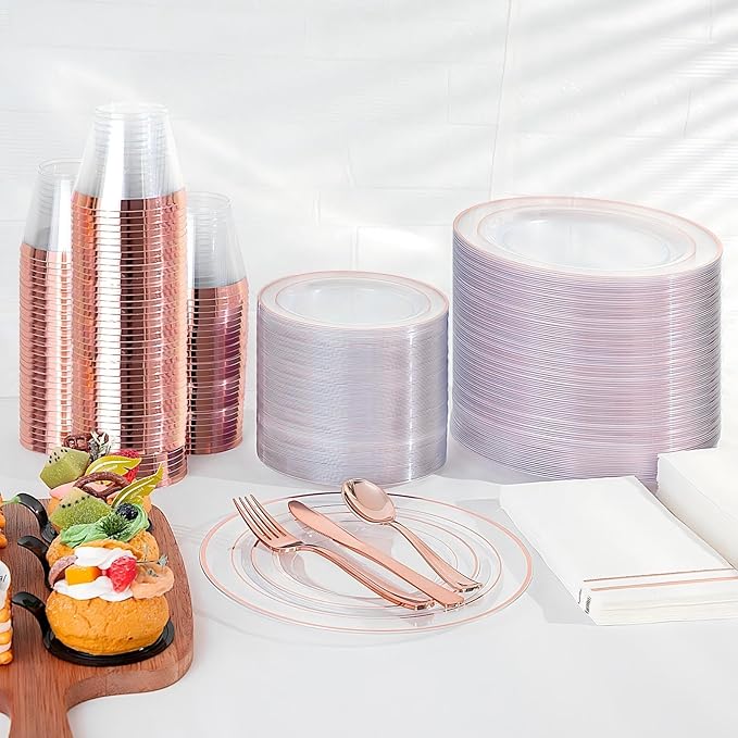 GATHER 350PCS Rose Gold Plastic Plates - Disposable Rose Gold Dinnerware Includes 100 Clear Rose Golds Rimmed Plastic Plates, 150 Silverware, 50 Napkins, 50 Cups for Party, Wedding