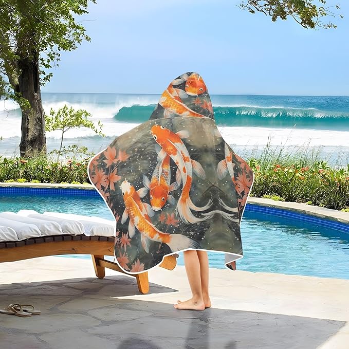 Hooded Towel for Kids Lovely Koi Fish in The Water Beach Wrap Bath Towels 50x23.5in