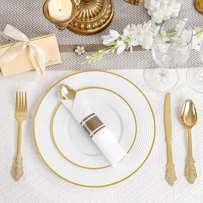 Liacere 100PCS Gold Plastic Plates - Heavy Duty Disposable Plates - White and Gold Plate 100PCS Dinner/Dessert Plate for Party & Wedding & Birthday