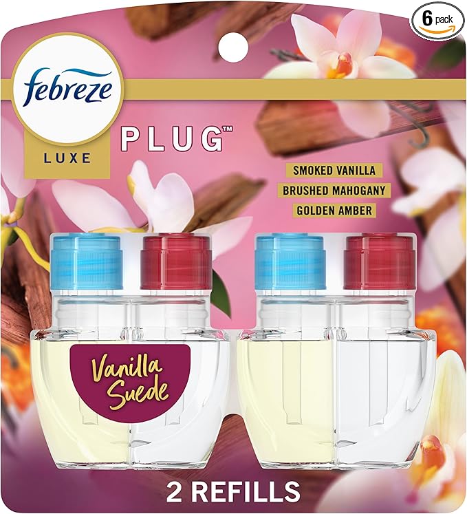 Febreze Plug In Air Freshener, Odor-Fighting Scented Oil Refill, Vanilla Suede Scent, 2 Refill (Pack of 6)
