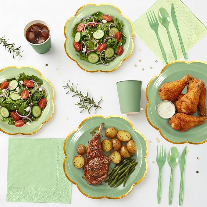 Sage Green Paper Plates and Napkins Party Supplies Serves 24,Green Scalloped Party Plates with Gold Rim,168Pcs Disposable Plates and cups and napkins sets for Spring Birthday Party Bridal Baby Shower