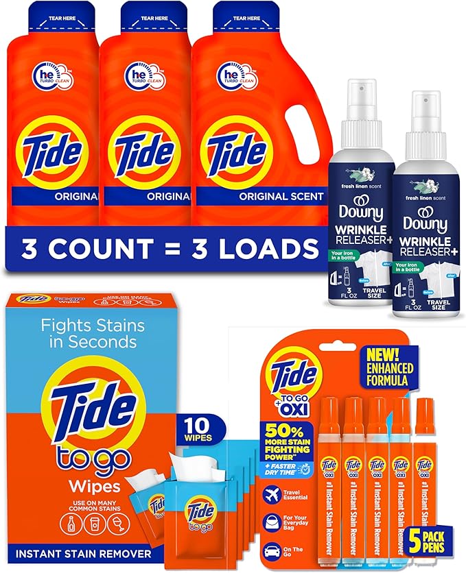Tide Cruise Essentials Bundle - Includes Liquid Detergent, Tide Stain Remover Wipes, Stain Remover Pen & Downy Wrinkle Releaser Spray - Travel and RV Essentials Pack