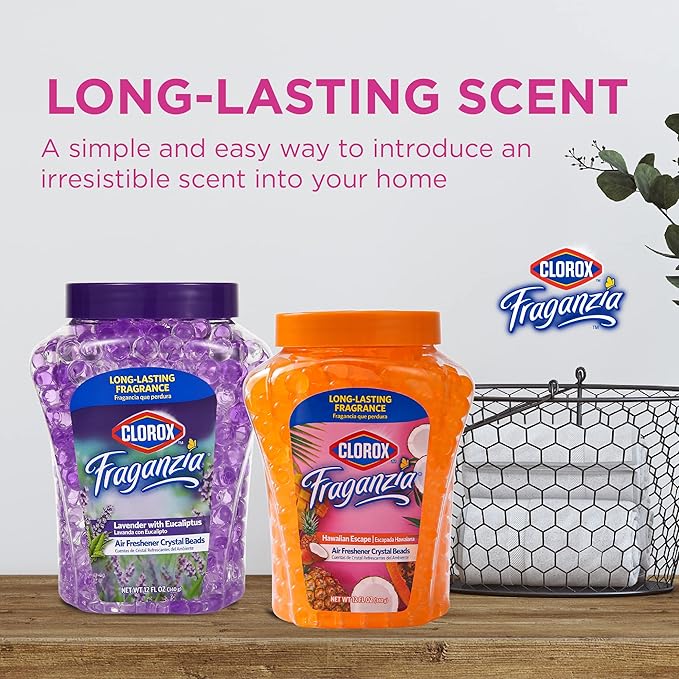 Clorox Fraganzia Crystal Beads Air Freshener, Long Lasting Room Deodorizer and Odor Eliminator Gel Beads to Freshen Home, Car, or Office, Island Escape Scent, 12 Fl Oz - 12 Pack