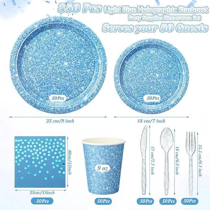 Hushee 350 Pcs Light Blue Holographic Print Party Supplies Guests Disposable Dinnerware Set Include Paper Plates, Napkins, Cups, Plastic Cutlery for Wedding Birthday Disco Bachelorette