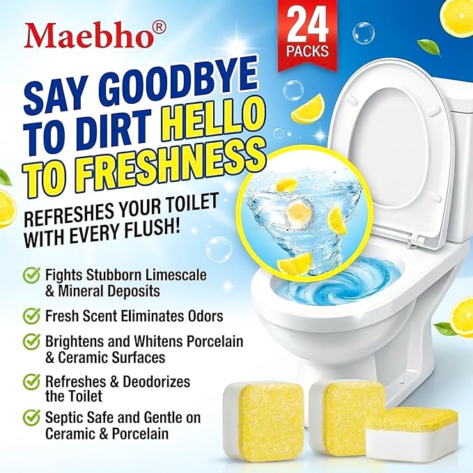 Toilet Bowl Cleaner Tablets – Deodorizer & Septic Safe, Odor Eliminator, Stain Remover for Long-Lasting Freshness – Fresh Lemon Scent 24 Pack