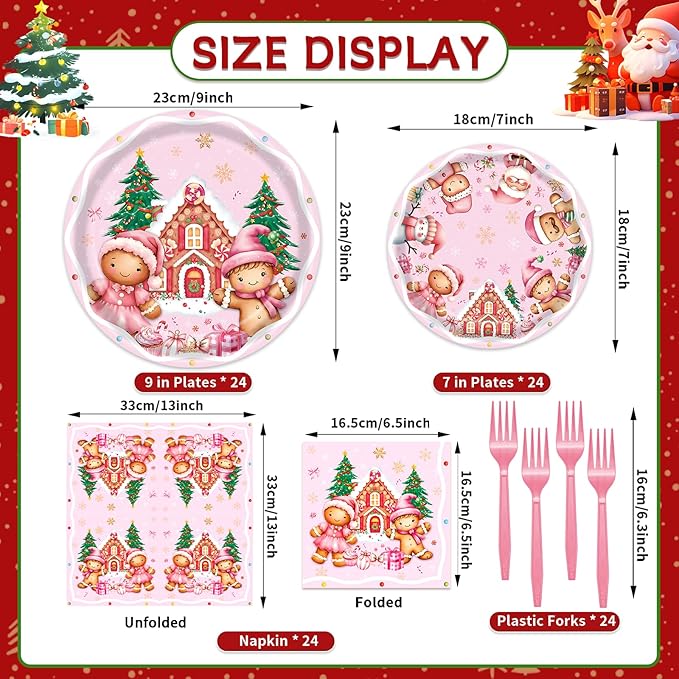 96 Pieces Gingerbread House Plates and Napkins Tableware Set, Pink Christmas Disposable Dinnerware with Paper Plates Napkins and Forks for Xmas Party Supplies Winter Holiday Birthday Decor - Serves 24
